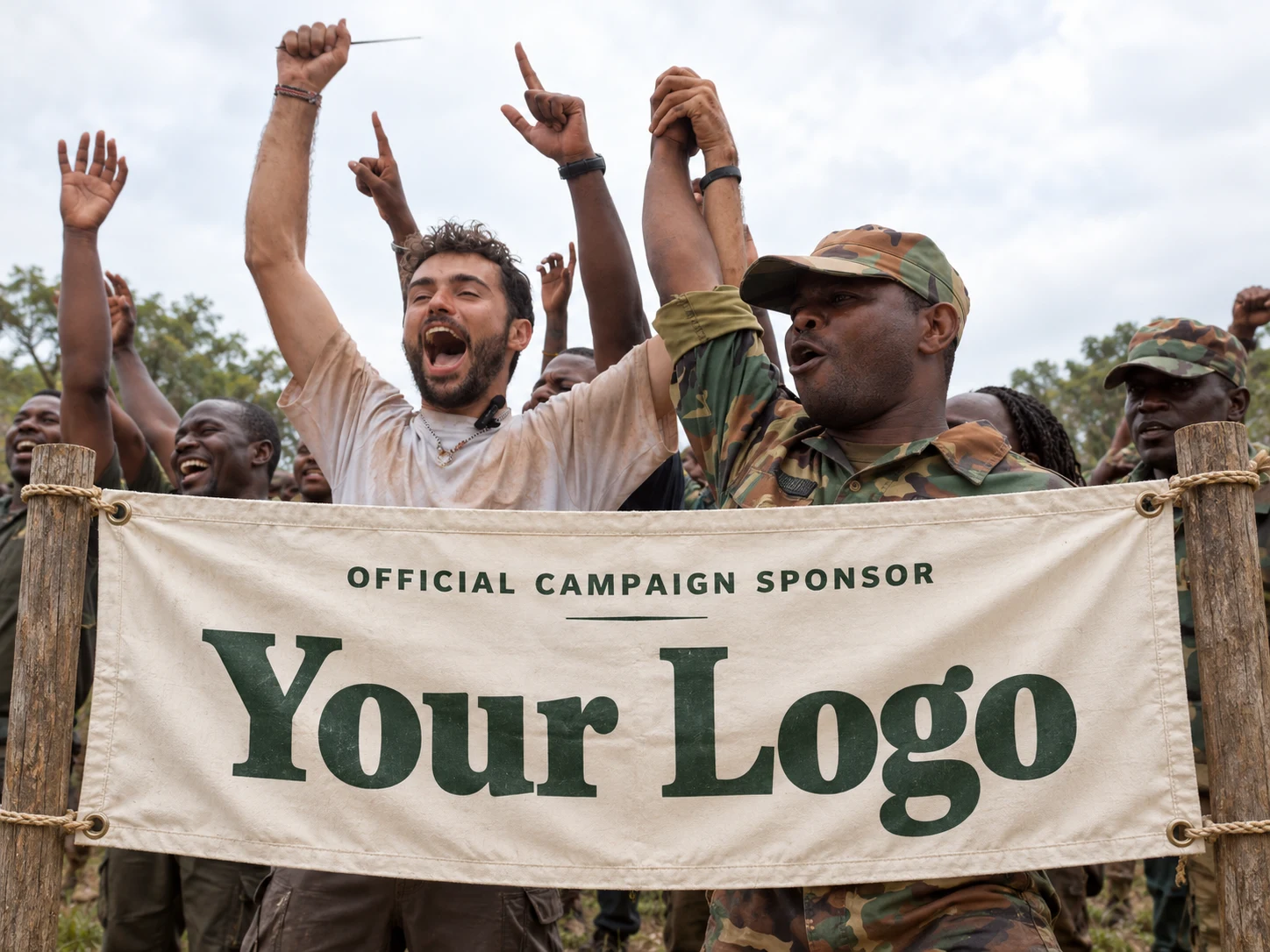 Sponsor placement illustration with Your Logo printed on a canvas banner tied to wooden posts in front of the celebrating team